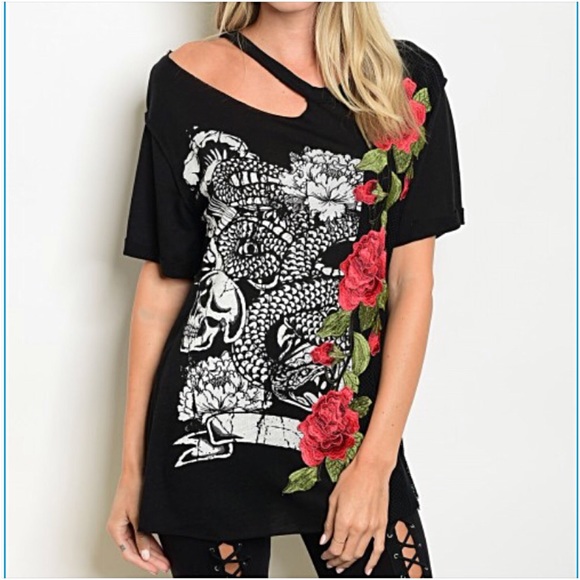S/M Rockstar Distressed Floral Tee Tunic Top - Picture 5 of 6